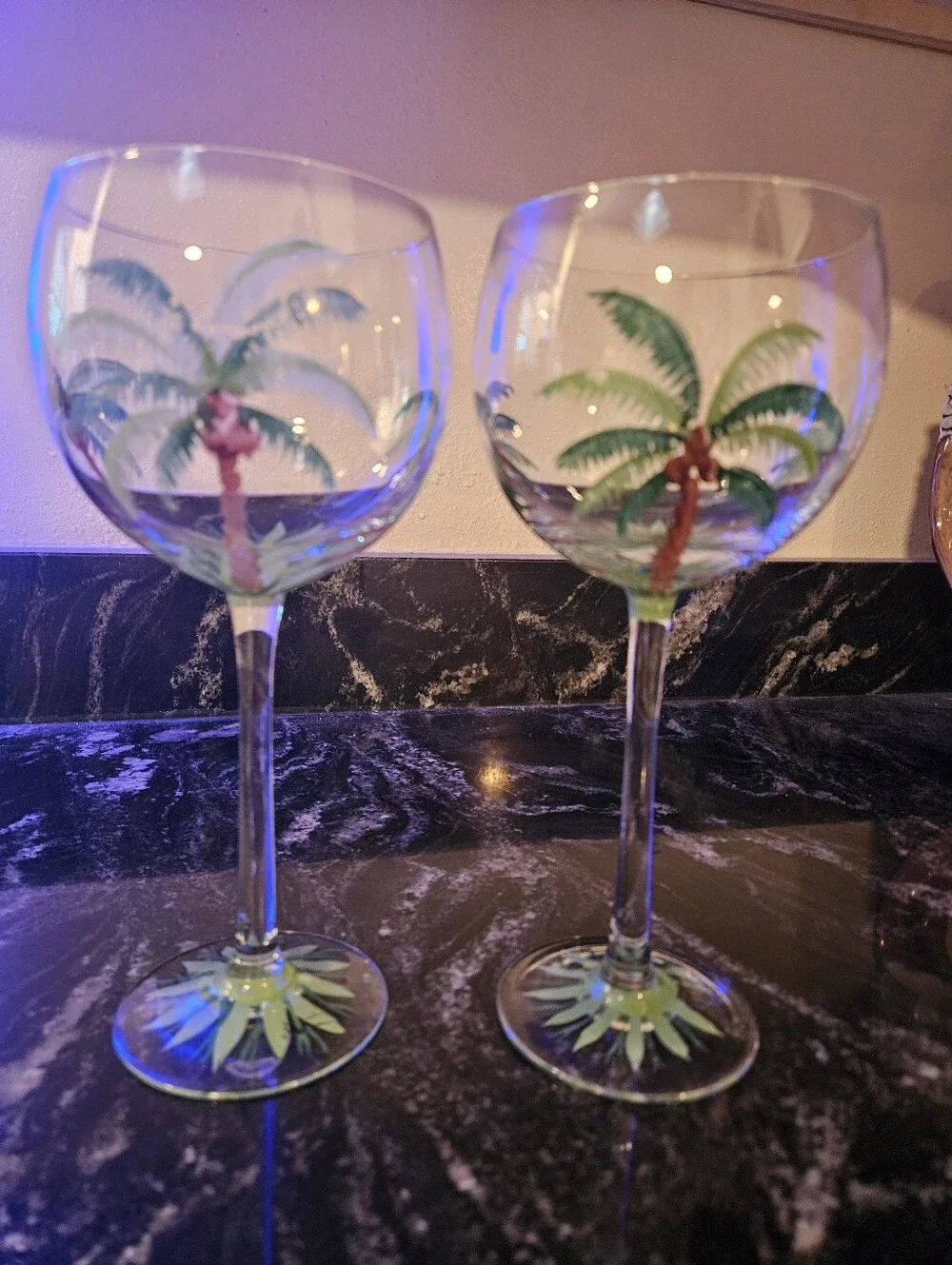 Vintage Block Basics Palm Breeze Wine Glasses Hand Painted Goblets - Pair of 2